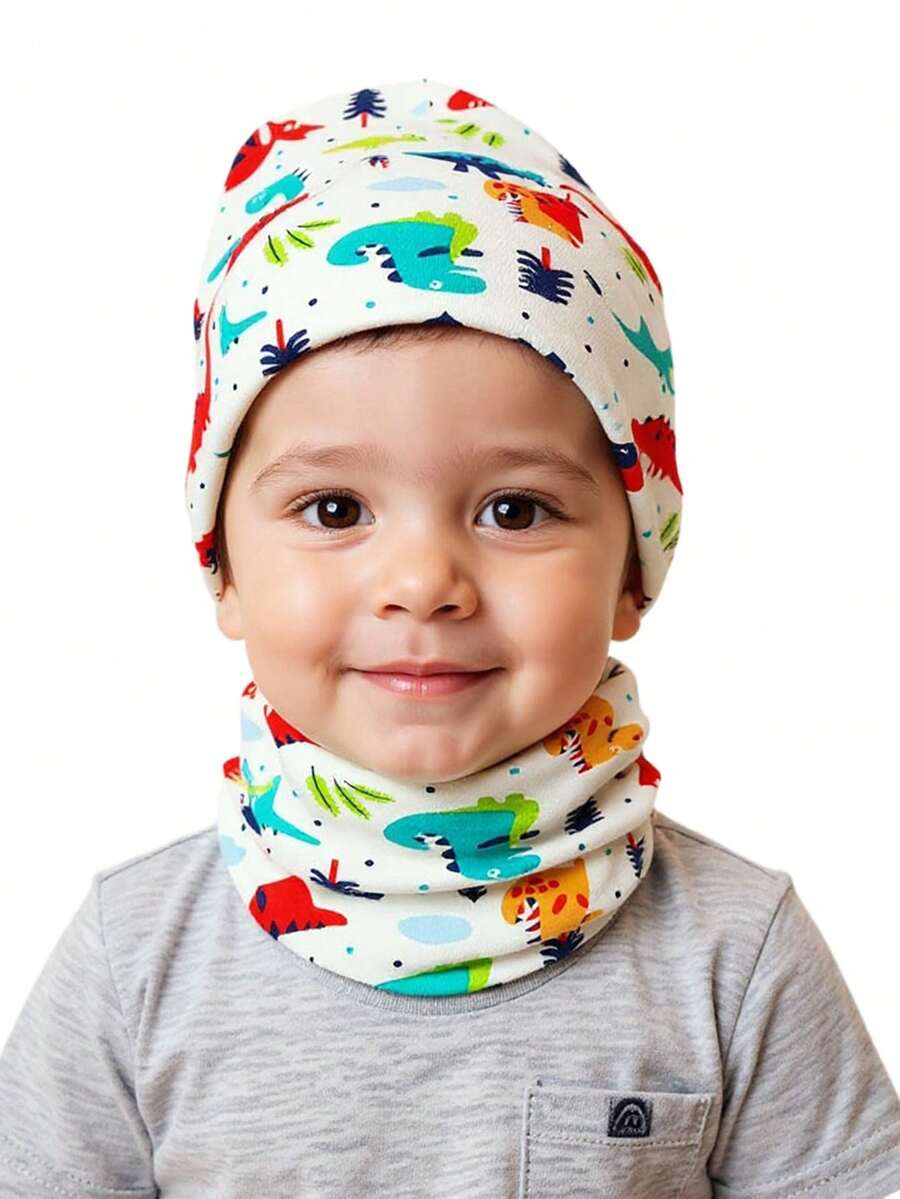 2PCS/Set Baby Beanie Hat And Scarf Set,Cartoon Dinosaur Christmas Tree Warm Cap And Neck Mufflers For 9 Months To 3 Years Old Toddler Boys And Girls Put On Autumn Winter Spring