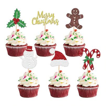 12Pcs/Set Merry Christmas Cupcake Toppers With Snowflake Christmas Cane Holly Berries Santa Claus Cupcake Picks For Merry Christmas Theme New Year Holiday Party Cake Decorations Supplies