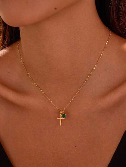 1 Piece Dainty Birthstone Cross Pendant Necklaces For Women,14K Gold Plated Cubic Zirconia,Small Simple Gold Necklace Jewelry Gifts For Religions Faith/Birthday/Valentin's Day/Christmas Day
