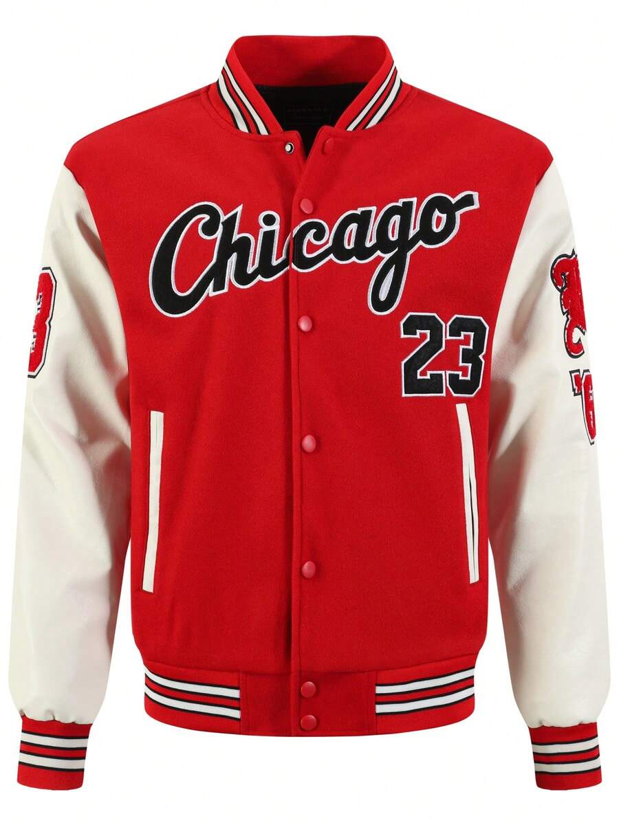 Men's Red Baseball Jacket High End Embroidered Leather Fashionable Street Style Sportswear Casual Classic Retro Sportswear Patchwork PU Long Sleeved Hip-Hop Motorcycle Jacket Coat - Đỏ - Xem 1