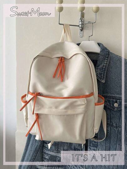 1pc White Nylon Casual College Style Large Capacity Lightweight Water-Resistant Multi-Pocket Zipper Backpack, Suitable For Daily School, Training, Women's Commute, Outdoor, Shopping, Travel, Item Storage, Back To School, Graduation Gift