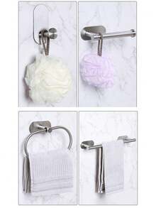 4pcs/set Estantes adhesivos para toallas para pared de baño, soporte para toallas para cocina, baño y lavandería de acero inoxidable, anillo para toallas de mano, soporte para paños de cocina sin taladrar, colgadores de toallas de gran resistencia, barra para toallas de mano/rostro, ganchos - Plateado - Ver 3