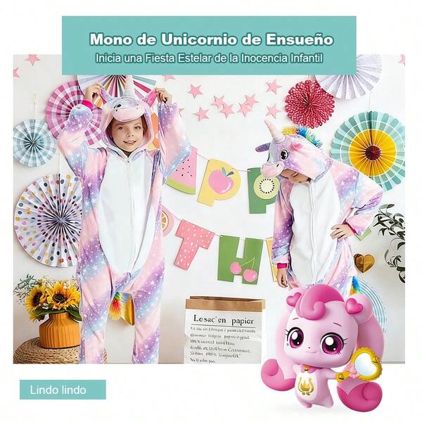 Pijama Unicornio Infantil de Peluche, Estilo Cartoon Con Cola Capucha Estampado Estrella, Disfraz Navidad Halloween, Abrigo Invierno 3-12 Años Regalo