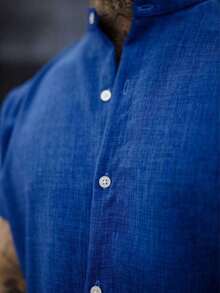 Men's Short-Sleeve Shirt With Mandarin Collar And Linen-Look - Assorted Colors - Comfortable - Royal Blue - View 7