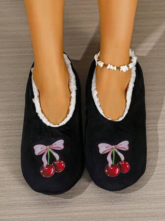 女士蝴蝶印花软底冬季家居拖鞋，加大码，粉色，安静室内保暖舒适家居鞋