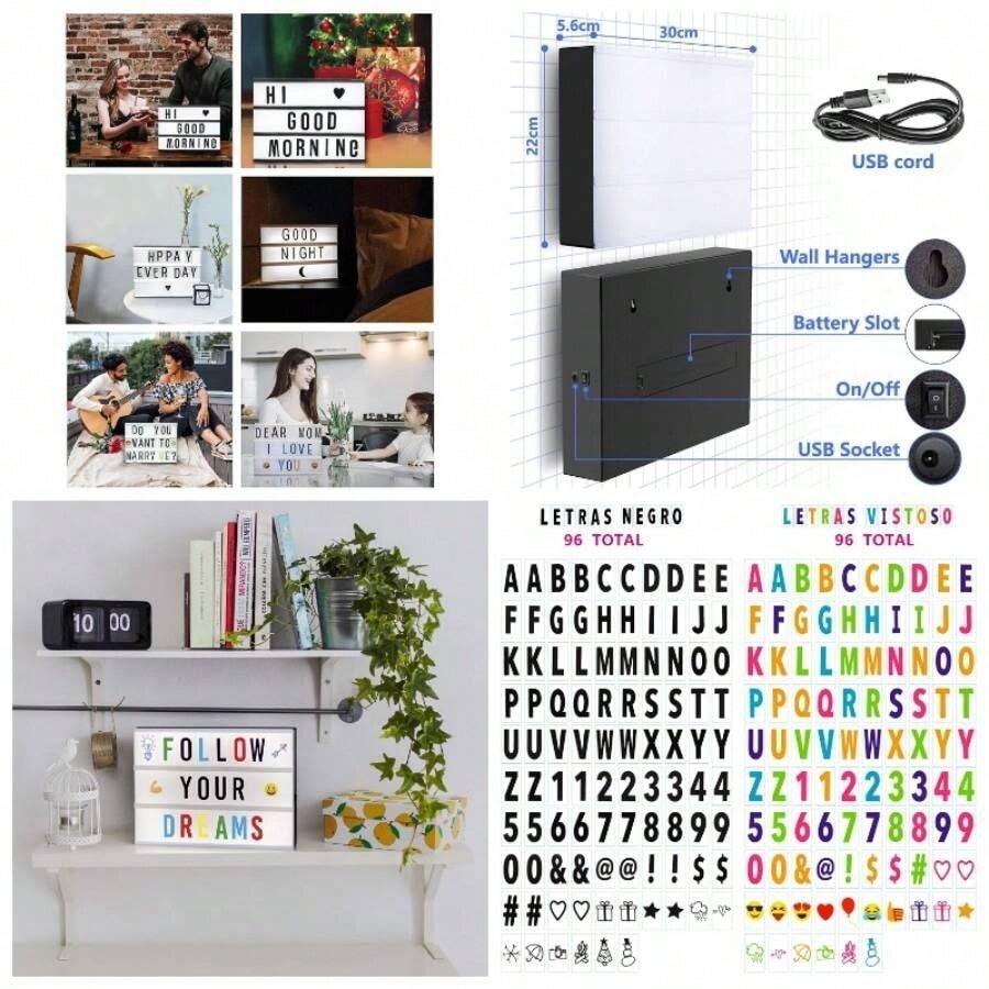 Letrero Luminoso Cine Caja de Luz A5 con 192 Letras Nmeros Smbolos Emoticonos Decorativas Cinema Box Decoracin para Habitacin Tienda Cumpleaos Navidad Bodas Oficina Eventos - blanco - Ver 1