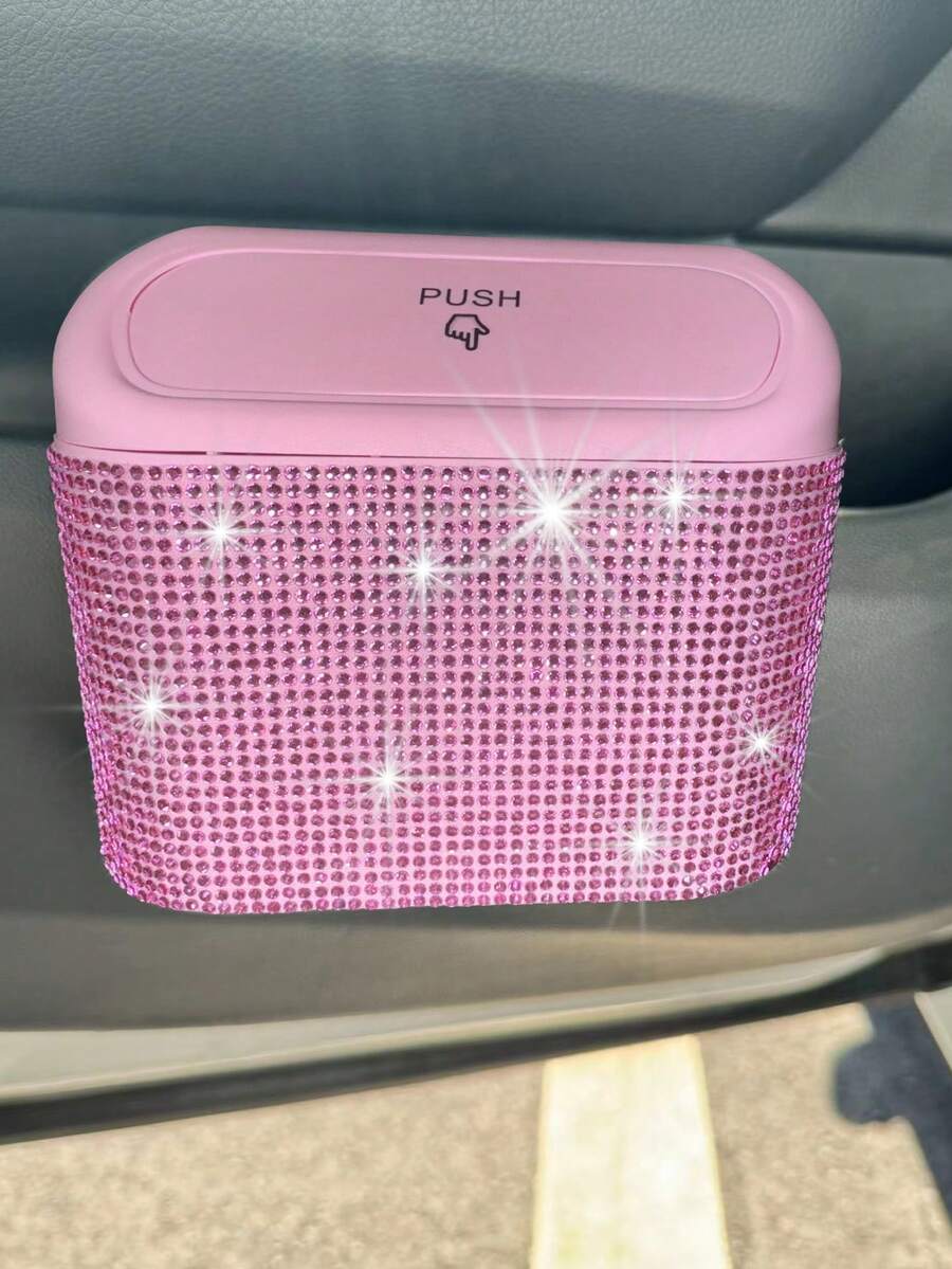 1pc Sparkling Pink Rhinestone Car Trash Can - Pink - View 1