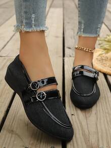 Fashion Buckle Loafers, Retro British Style, Casual Platform Strap Slip-On Shoes, Versatile For Spring And Autumn - Black - View 3