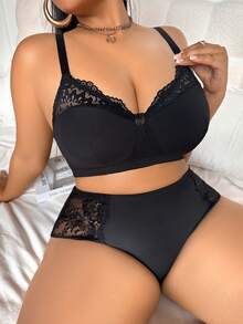 大码女士针织舒适内衣套装 - 黑色 - 查看 3