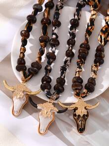 This Gothic-Style Fashionable And Sexy Leopard Print Alloy Carved Bull Head Resin Bead Necklace, Paired With A Leopard Print Scarf, Is The Perfect Choice For Ladies. Suitable For Travel, Daily Wear, And Party Accessories. Western Cowgirl Style, Elegant Ladies' Jewelry. An Excellent Gift For Your Loved One On Valentine's Day. (Due To Product Characteristics, The Bull Head Part May Have Minor Defects And Scratches.)