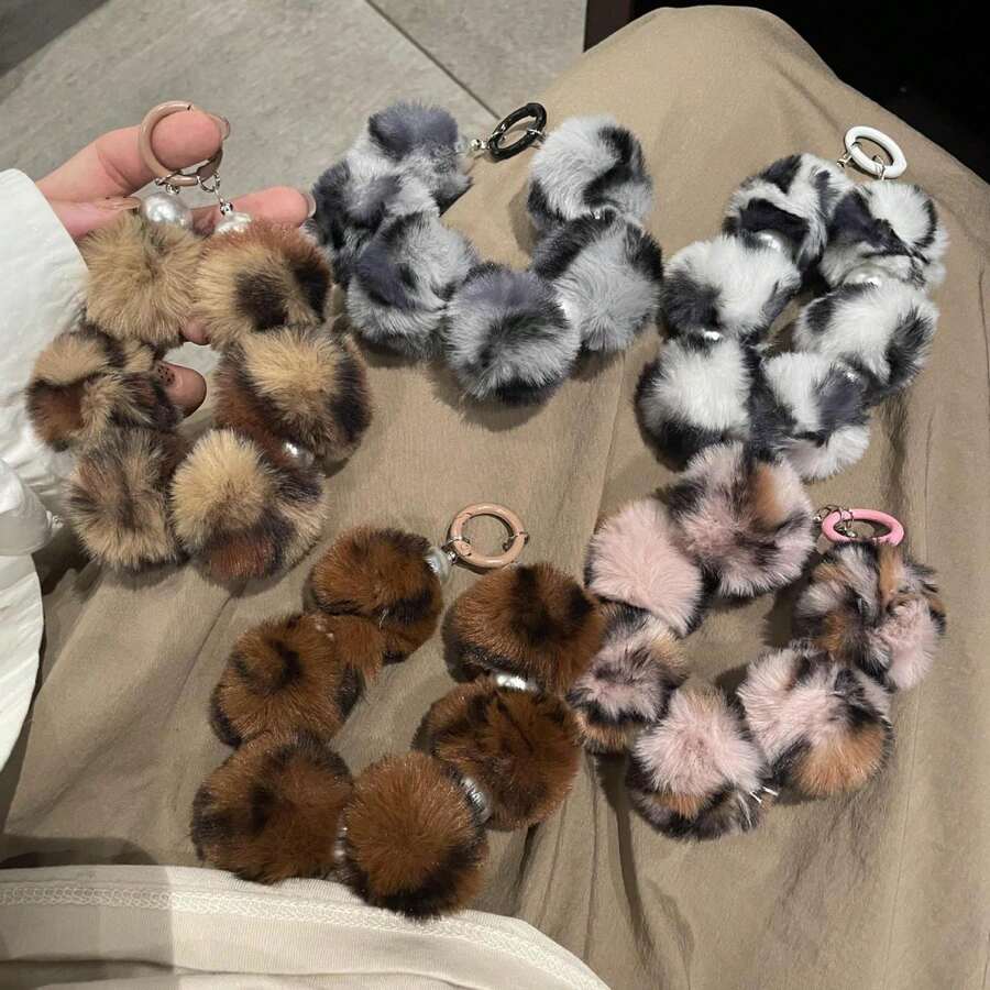 Brazalete de muñeca de peluche con estampado de leopardo de moda, adecuado para teléfono, auriculares, colgante de bolso, accesorio de mujer de alta gama, otoño/invierno - Multicolor - Ver 1