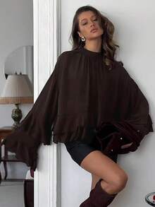 Blusa de mujer con diseño elegante y lujoso de volantes en capas de gasa, adecuada para todas las estaciones, tela de otoño y primavera - Marrón - Ver 2