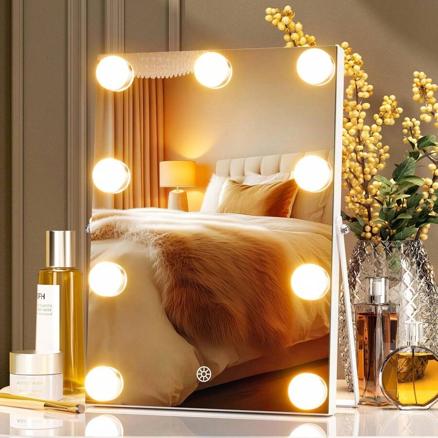 Hasipu Vanity Mirror With Lights, 10 X 14" Makeup Mirror, 360° Rotation Makeup Mirror With 11 Dimmable Bulbs, 3 Colors Modes, Touch Control, With Stand Aluminum Thin Frame For Living Room, Home Home Bathroom Decor Summer Makeup Organizer Bathroom Accessories Back To School - View 1