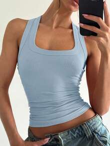 女士Y2K性感基础款休闲运动家居服方领上衣 - 淺藍色 - 查看 4