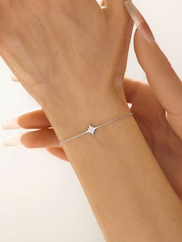 1pc S925 Sterling Silver Eight-Pointed Star Zirconia Bracelet, 14K Gold-Plated Hypoallergenic, Simple And Exquisite Women's Bracelet, Sterling Silver Jewelry, Suitable For Daily Wear, Holiday Gift