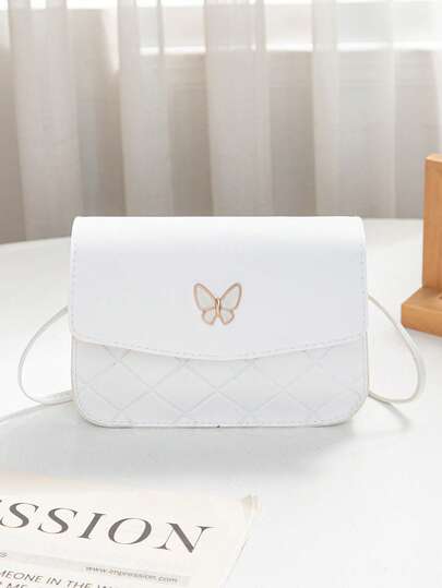 Vit fjärilsdekorerad rombväska, mini axelväska för flickor, studentpendling avslappnad axelväska, lätt och mångsidig axelväska, rombmönster axelväska
