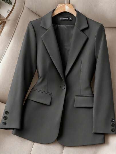 HOMEYEE 女士翻领长袖口袋复古优雅休闲度假商务职业OL加大码上衣外套，适合春、秋、冬三季穿着。