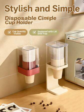 1pc Countertop Wall-Mounted Cup Holder With Cover - Space-Saving Durable Plastic Bathroom Cup Rack, Automatic Dispenser Paper Cup Holder, Dust-Proof Storage Rack, No Drilling Required, Easy To Clean, Ideal Gift For Home, Office, Gym - Coffee And Cold Water Machine Storage
