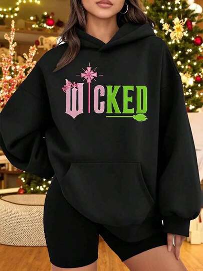 Sudadera con capucha inspirada en Wicked Musical para mujeres - Logo de Wicked rosa y verde, sudadera oversized con sombrero de bruja y varita, perfecta para Halloween, Navidad o para fans, ropa casual acogedora para la temporada festiva
