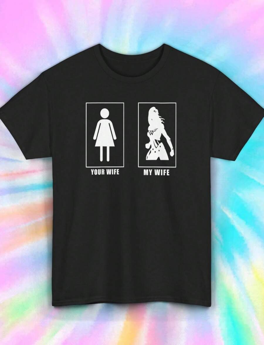 Camiseta divertida "Tu esposa, mi esposa" Súper mujer Superhéroe Regalo para hombres - Negro - Ver 1