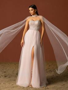 VIPGIRL Elegant Pink Mesh Evening Gown - Pink - View 4