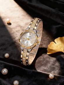 CARYINO 1pc Elegant Luxury Gold & Silver Tone Strap With Minimalist Round Dial Rhinestone Roman Numeral Ladies' Fashion Watch, Suitable For Daily Wear, Outfit Matching, Birthday Gift, Party & Date - Multicolor - View 3