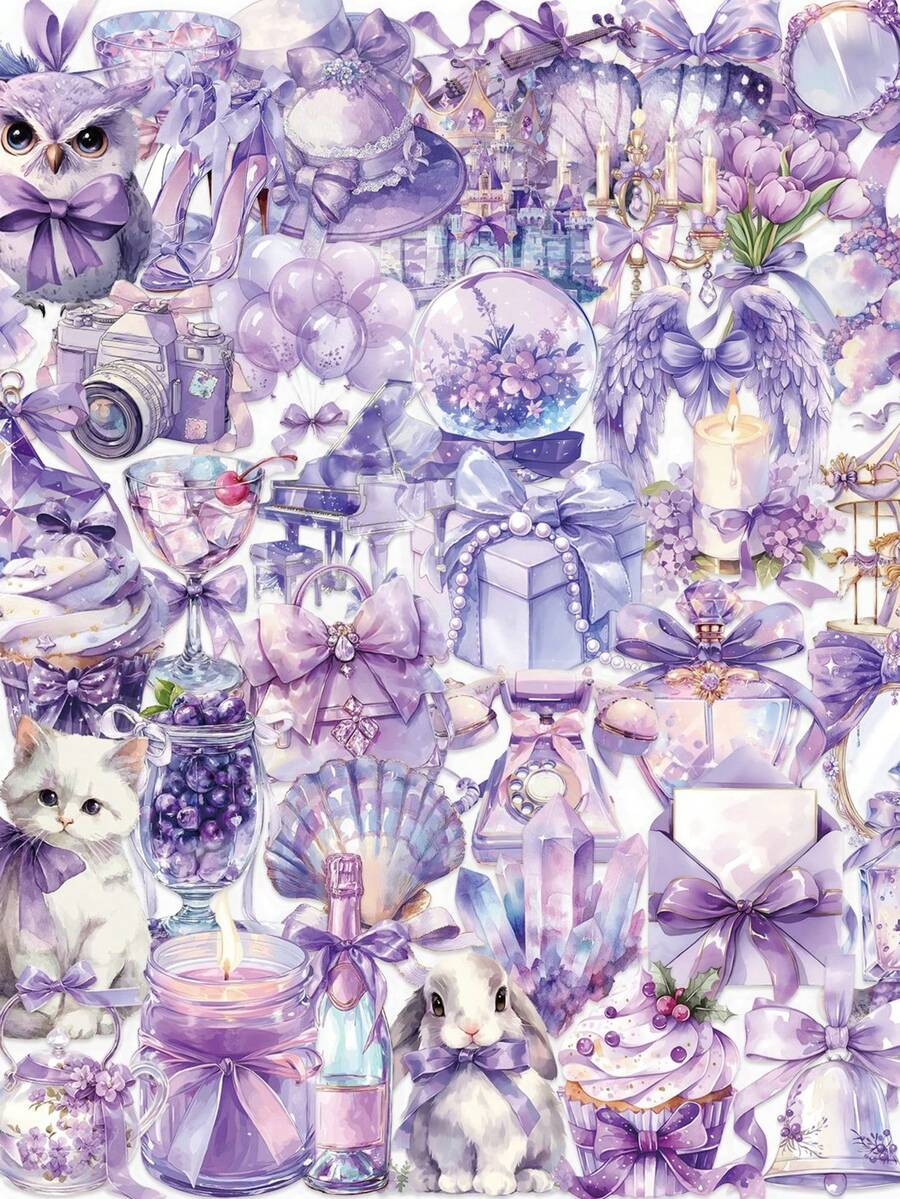 50张透明紫色美学贴纸 少女蝴蝶结贴纸 紫色派对礼品手工用品 PET乙烯基贴纸 - 彩色 - 查看 1