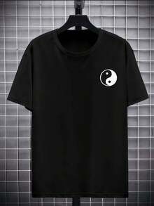 Camiseta negra desgastada Yin Yang de algodón premium, cuello redondo, corte holgado, cómoda, estilo urbano hip-hop, estampado a doble cara - Negro - Ver 2