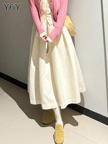 [Y6Y] Women's A-Line Woven Fabric Skirt, Casual Cute Elegant Daily Wear, Non-Stretch Flowy Mid-Length Skirt - Light Yellow - View 7