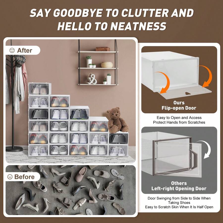 20PCS Front Opening Plastic Shoe Boxes Underbed Storage Clear Stackable Shoe Box - White - View 1