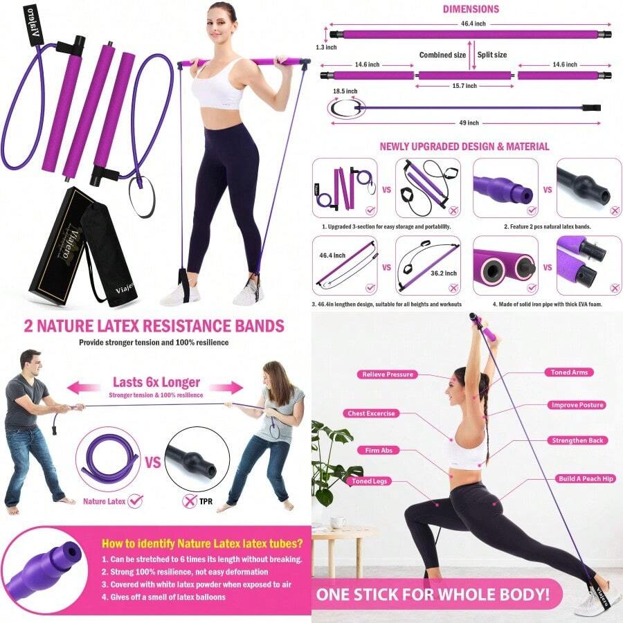 Viajero Pilates Bar Kit For Portable Home Gym Workout - 2 Latex Exercise Resistance Band - 3-Section Sticks - All-In-One Strength Weights Equipment For Body Fitness Squat Yoga With E-Book And Video - 紫色 - 查看 1