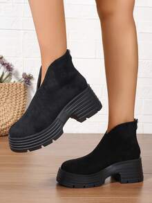 秋冬新款女士纯色踝靴，简约时尚麂皮坡跟厚底复古机车靴，圆头高跟骑行靴，厚底高跟鞋 - 黑色 - 查看 3