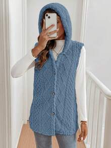 Women Solid Color Button Front Sleeveless Pocket Casual Tank Top, Daily Wear In Fall/Winter Grey Jacket Women Vest,Cozy Fall And Winter Clothes For Women - 藍色 - 查看 3
