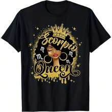 Scorpio Queen Zodiac T-Shirt - Afro Curly Hair Design With Golden Crown & Stars - 100_ Cotton 180gsm Heavyweight Fabric - Unisex Sizes 1XL-5XL - Black Casu.Jpg Women's Solid-Colored Boat-Neck Short-Sleeve One-Piece Shirt Paired With Printed Shirts, Ladies' Tops, And Printed Short-Sleeve Shirts. Ladies' Top. Vintage Graphic Casual Short Cotton Shirt Featuring Vintage Art Printing, Humorous Streetwear, And A Large Comfortable Summer Top.Ladies' Undershirt - 黑色 - 查看 6