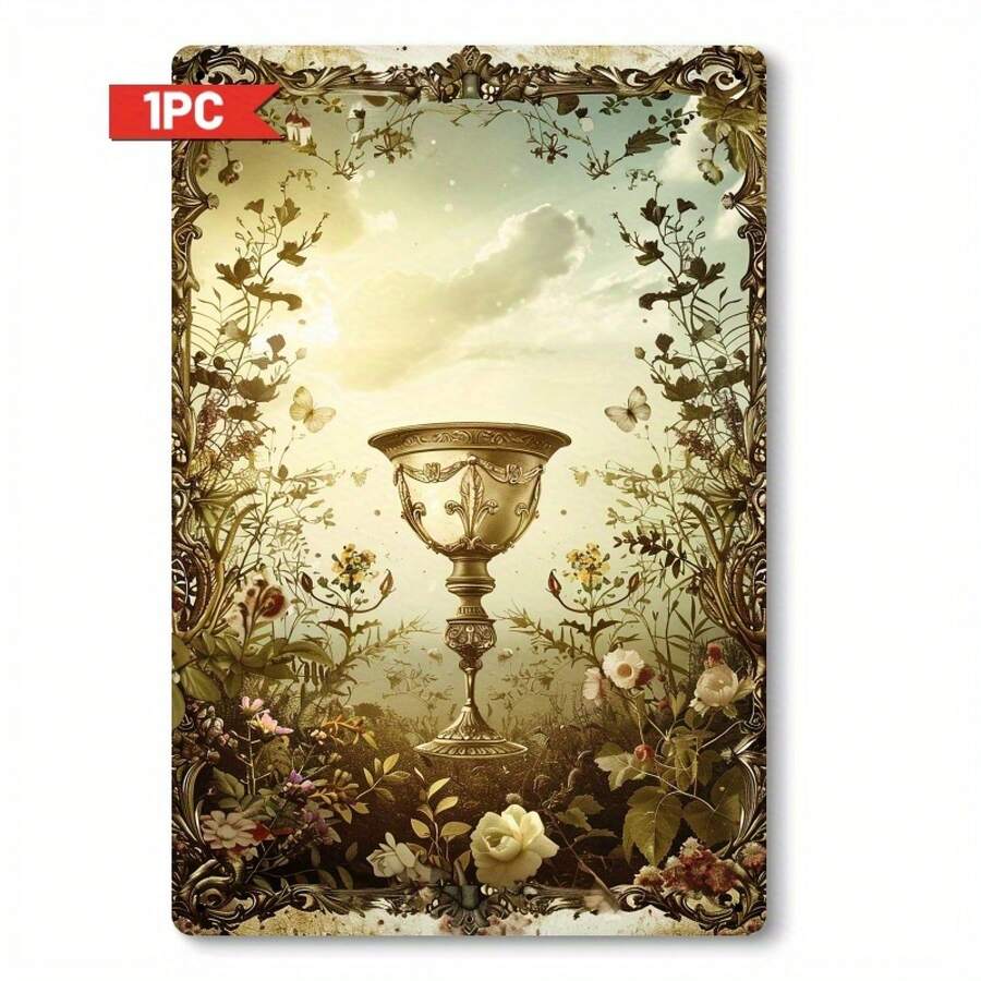 1pc Vintage Golden Glow Chalice Iron Sign - 8x12 Inch Elegant Home Decor With Ornate Floral Design, Perfect For Dining Room, Meditation Space, Or Thanksgiving Season Décor, House Decor, Perfect For Room Decor - White - View 1