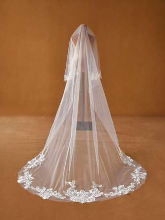 1 pieza Velo de novia de catedral con estampado de flores de marfil, con imitación de perlas y ribete de encaje, sin peine para el cabello, adecuado para bodas, fotografía de viaje, accesorios de vestido de novia y accesorios de mujer para otoño/invierno.