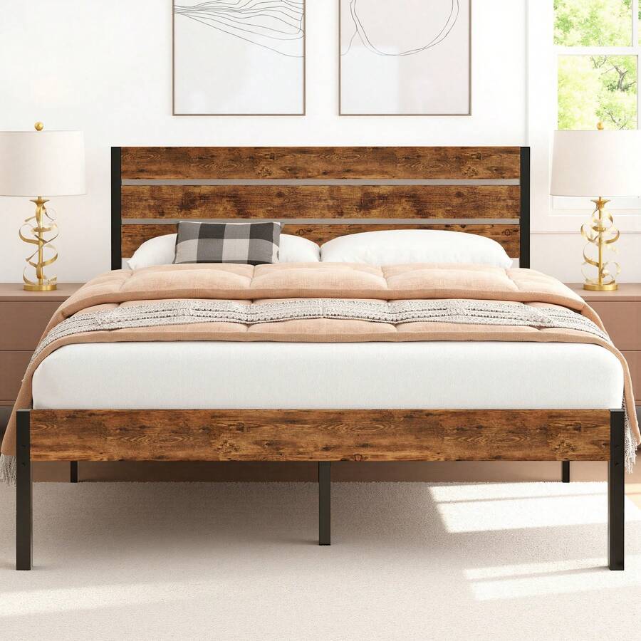 VECELO Queen Size Bed Frame With Wood Headboard, Metal Frame, Noise-Free Industrial Bed, Full & Twin Options, Platform Bed, Brown - 棕色 - 查看 1