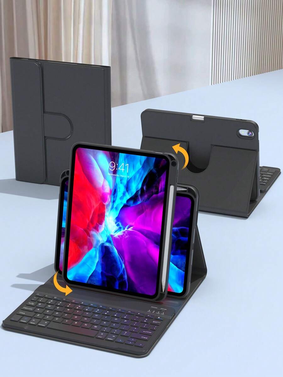 360°旋转键盘保护套，带无线蓝牙键盘，兼容iPad A16（第11/10代）、iPad Air 10.9（第4/5代）、iPad Air 11（M2/M3）、iPad Pro 11（第7/8/9代，10.2英寸/9.7英寸）、iPad Pro 11、iPad Mini 6/7，黑色，PMMA和PU皮革材质，150mAh电池