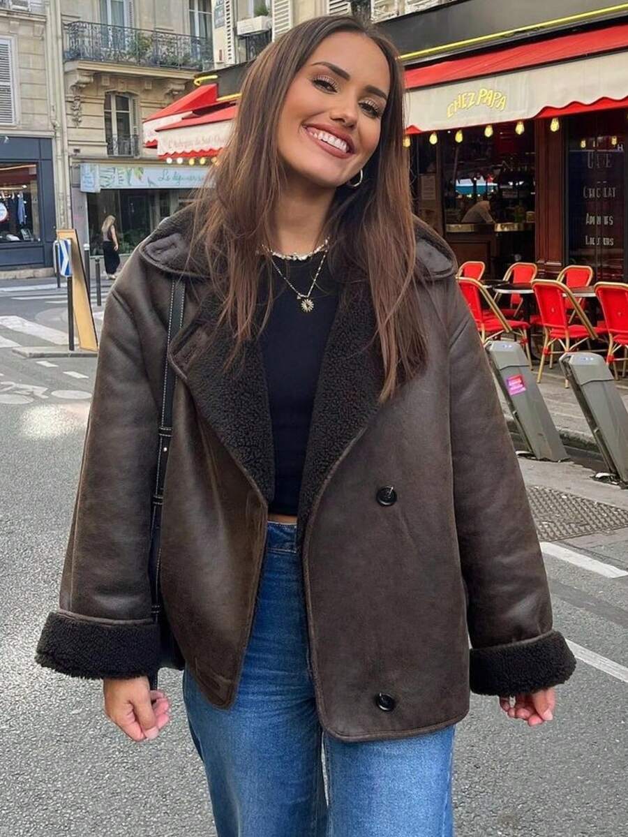 一件女士纯色仿皮毛领宽松外套，适合日常穿着、外出、购物、度假及各种场合，优雅时尚，圣诞节必备单品。 - 咖啡棕 - 查看 1