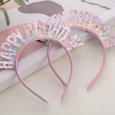 1个亮粉色亮片“生日快乐”头箍 - 牛仔布纹理面料，无羽毛，无需电池 - 适用于生日派对、万圣节、圣诞节活动和生日横幅派对用品