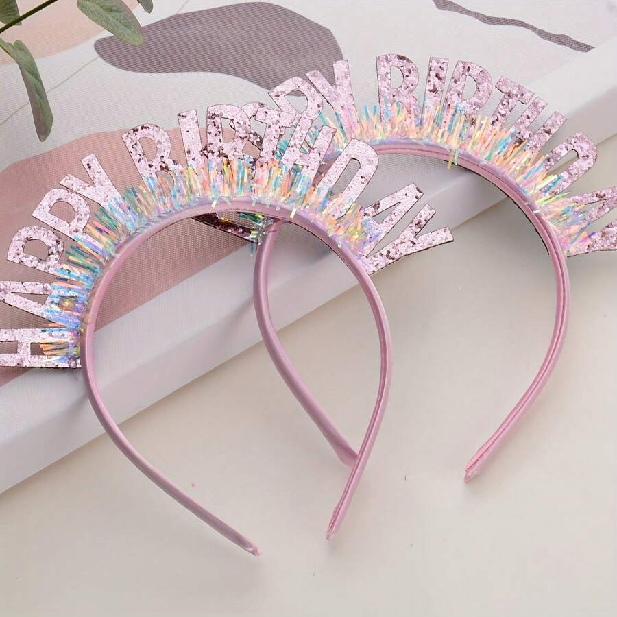 1个亮粉色亮片“生日快乐”头箍 - 牛仔布纹理面料，无羽毛，无需电池 - 适用于生日派对、万圣节、圣诞节活动和生日横幅派对用品 - 彩色 - 查看 1