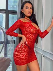 1pc Women Sexy Lingerie Valentine'S Day Long Sleeves Sexy Fishnet Cover Up Without Bikini For Music Festival Hollow Out Bodycon Dress See Through Beachwear Summer Women'S Swimwear Clothing Swimsuit