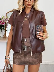 Gilet marron style Old Money décontracté pour femme, printemps/été, Saint-Valentin, style vacances élégant, veste gilet vintage en PU, mode femme pour soirée - Brun - Voir 9