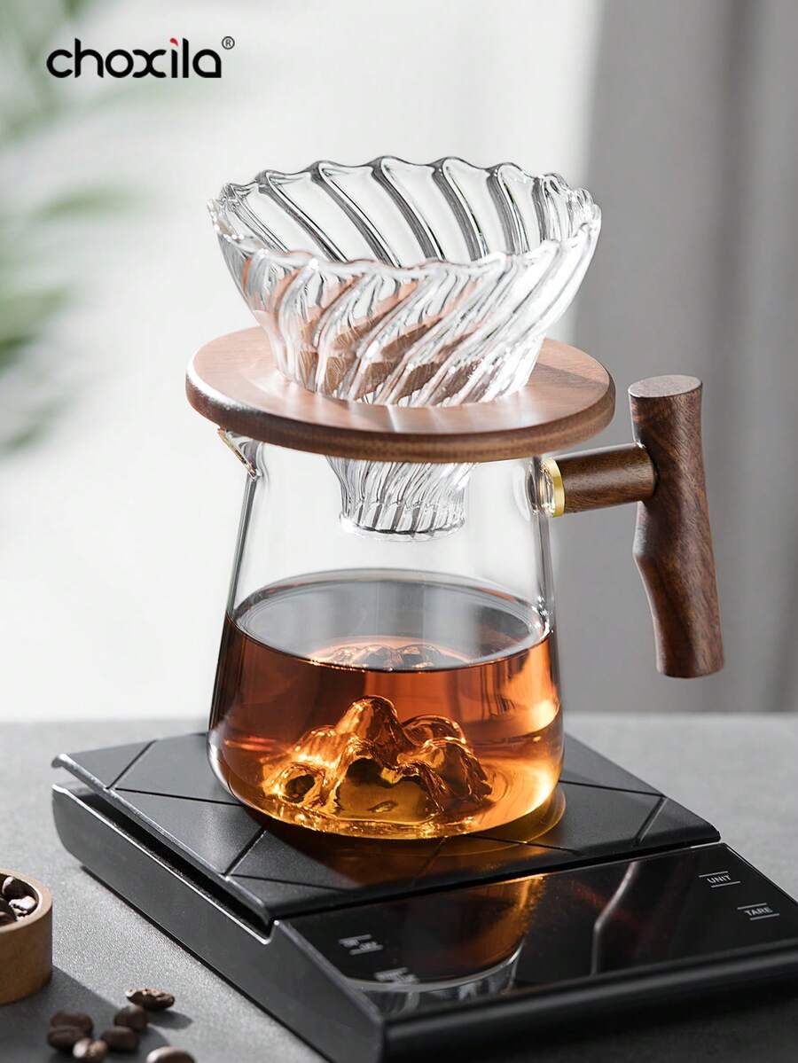 1pc Walnut Handle Coffee Pot, High-Temperature Resistant Glass Pot,Square Large-Capacity Coffee Pot, Unique Mountain-Shaped Design At The Bottom, Creative Coffee Pot Teapot