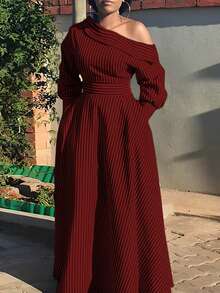 Plus Size Women's Dress, Colorblock Striped Print, Asymmetric Collar, Long Sleeve Shirt Dress, Pocket Design, Casual Daily, Fashionable & Elegant, Suitable For Vacation, Office Commute, Autumn/Winter - Red - View 3