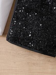 2pcs Girls' Long Sleeve Ruffle Trim Sequin Shorts Set, Elegant, Spring/Autumn - Black - View 9