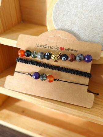 3pcs/Set Punk Fierce Animal Leopard Head, Billiard Ball Number "8", And Assorted Natural Semi-Precious Stones Beaded Bracelet For Men, Showcases Personalized, Suitable For Gifts, Gatherings, And Daily Wear