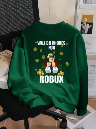 1 男童长袖圆领套头衫，印有趣味文字图案，适合初学者和专业玩家做家务赚取 Robux，提供舒适、时尚、休闲的秋冬款式，适合年轻男孩/青少年男孩/少年男孩。