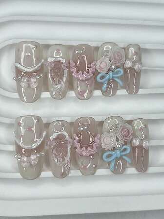 10PCS Cute Skirt Hem Sweet Lolita French Tip Press On Nails Handmade 3D Pink Roses Bow Pearl Polka Dots Almond Fake Nails Nail Supplies(1 Sheets Jelly Stickers+1PC Nail File)