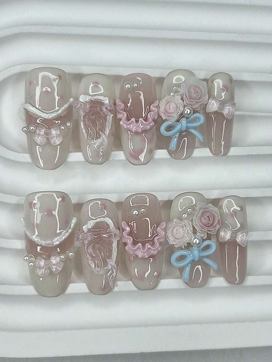 10片可爱裙摆甜美洛丽塔法式美甲贴片手工3D粉色玫瑰蝴蝶结珍珠波点杏仁形假指甲美甲用品（1张果冻贴纸+1个指甲锉） - 粉色 - 查看 1